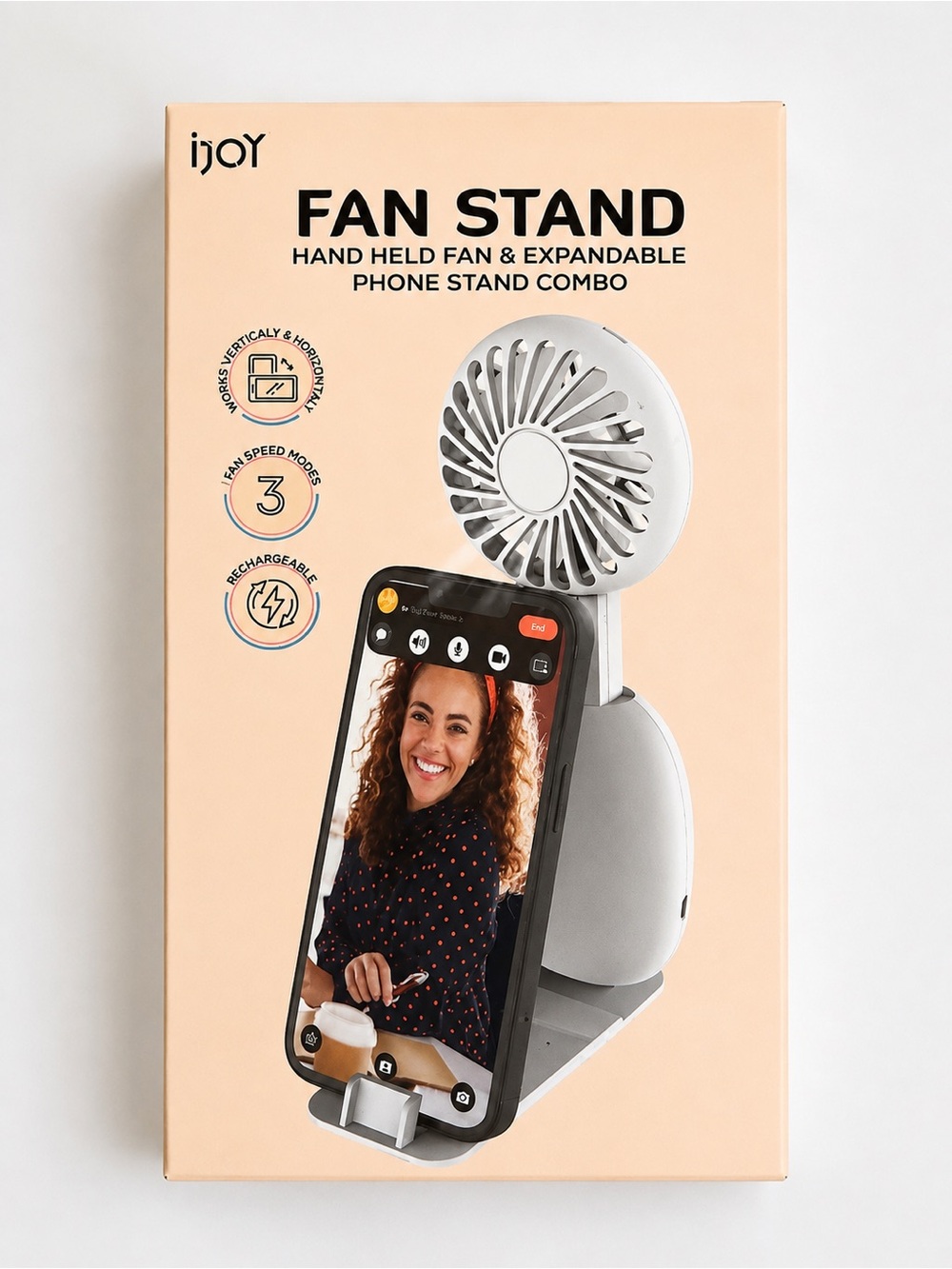 iJoy White Fan Stand with Expandable Phone Holder cool off both person and phone